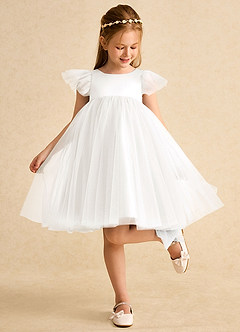Azazie Munchkin Flower Girl Dresses Ivory White A-Line Bow Tulle Dress image3