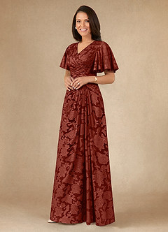 Azazie Emmeline Mother of the Bride Dresses Terracotta A-Line Pleated Floral Burnout Dress image3