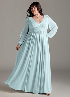 Azazie Norah Bridesmaid Dresses Mist A-Line V-Neck Long Sleeve Chiffon Dress image8