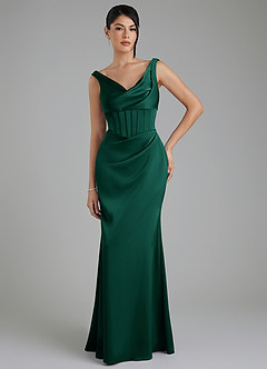 Azazie Spencer Bridesmaid Dresses Emerald Mermaid Pleated Stretch Satin Dress image1