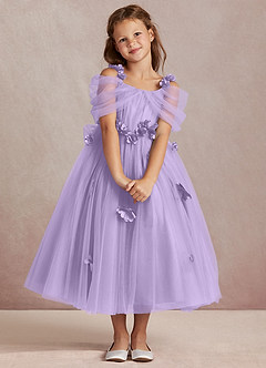 Azazie Shaylee Jurken voor bloemenmeisjes A-Lijn Jurk van Tule Off the Shoulder Lila image1