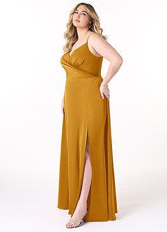 Azazie Dalilah Bridesmaid Dresses Butterscotch A-Line V-Neck Pleated Stretch Satin Dress image8
