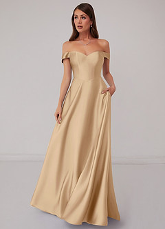 Barbie ♥ Azazie Bridesmaid Dresses Champagne A-Line Off the Shoulder Stretch Satin Convertible Dress image2