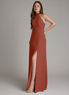 Azazie Myra Vestidos de madrinha de casamento Vestido Castanho Aloirado de Chiffon de Linha A com Pescoço alto image6