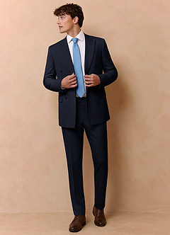 front Collins Navy Blue Double Breasted Wool Blend Suit