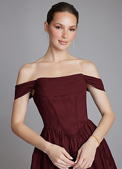 Azazie Raisa Bridesmaid Dresses Cabernet A-Line Off the Shoulder Floral Burnout Dress image4