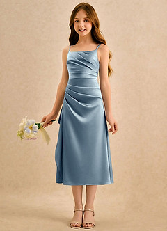 Azazie Canna Sukienki dla dziewczynek sypiących kwiaty Linia A Pofałdowany Satyna elastyczna Długość herbaty Sukienka image5