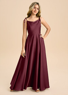 Azazie Popsy Junior A라인 절하다 스트레치 새틴 플로어 길이 주니어 신부 들러리 드레스 image8