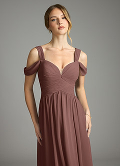 Azazie Lianne Bridesmaid Dresses Espresso A-Line Off the Shoulder Chiffon Dress image3
