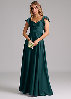 Azazie Leilani Bridesmaid Dresses Pine A-Line Ruched Stretch Satin Dress image7