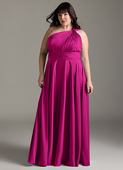 Azazie Charlize Bridesmaid Dresses Fuchsia A-Line One Shoulder Stretch Satin Dress image12