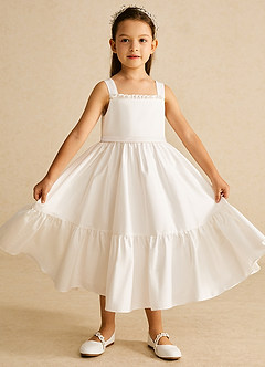 Azazie Ettie Blumenmädchenkleider A-Linie Schleifen Baumwolle Kleid Elfenbein image1