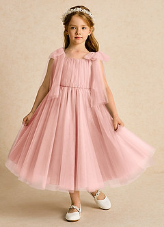 Azazie Dori 플라워 걸 드레스 A라인 셔링 얇실버 명주 그물 티 길이 드레스 image2