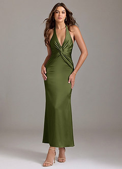 Azazie Valerie Robes de demoiselle d'honneur Robe Sirène en Satin extensible Plissée Olive image1