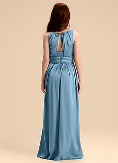 Azazie Bibiane Junior Abito A-Line in Raso Elasticizzato Plissettato Blu Acciaio image2