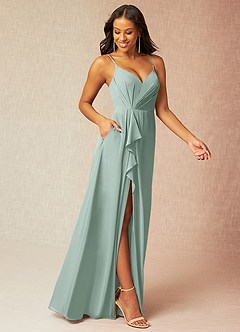 Azazie Kyedae At-home Try On Dresses Agave A-Line V-Neck Pleated Chiffon Dress image3