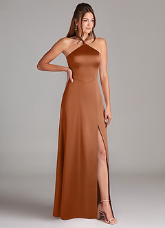 Azazie Elliana Bridesmaid Dresses Copper A-Line Side Slit Stretch Satin Dress image3