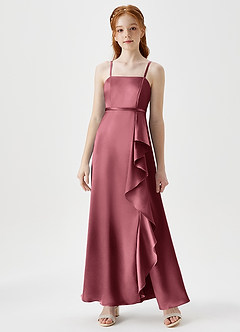 Azazie Kaylee Junior Robe Trapèze en Satiné métallisé avec ceinture Rose Du Désert image1