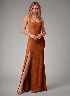 Azazie Luci Abiti da Damigella Abito Convertibile Sirena in Burnout Floreale Plissettato Arancia Bruciata image3