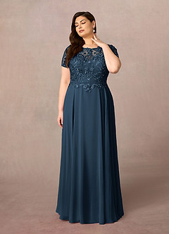 Azazie Adina At-home Try On Dresses Dark Navy A-Line Boatneck Sequins Chiffon Dress image6