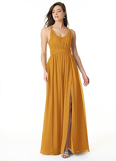 Azazie Olani Bridesmaid Dresses Butterscotch A-Line Off the Shoulder Chiffon Convertible Dress image1