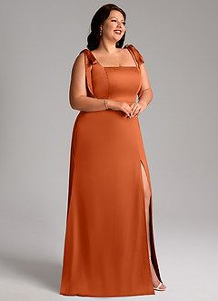 Azazie Frostine Bridesmaid Dresses Burnt Orange A-Line Bow Stretch Satin Dress image11