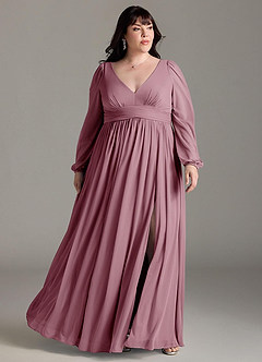 Azazie Norah Bridesmaid Dresses Vintage Mauve A-Line V-Neck Long Sleeve Chiffon Dress image6