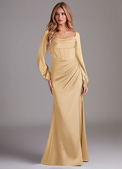 Azazie Charissa Brautjungfernkleider Etui Langarm Stretch-Satin Kleid Gold image3