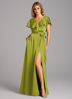 Azazie Lainey Bridesmaid Dresses Lemongrass A-Line with Pockets Stretch Satin Dress image3
