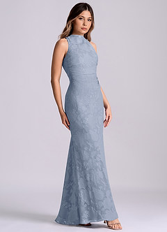 Azazie Evadne Final Sale Dusty Blue Sheath Pleated Floral Burnout Dress image3