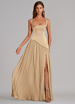 Azazie Stephanie Abiti da Damigella Abito A-Line in Raso Elasticizzato Plissettato Champagne image4