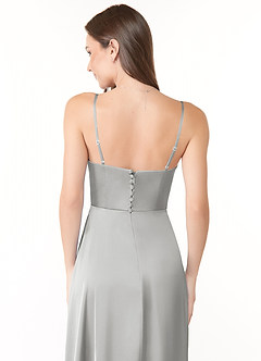 Azazie Halsey Final Sale Silver A-Line Side Slit Stretch Satin Dress image3