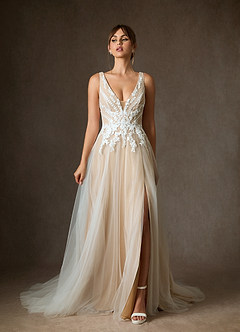 Azazie Goddess Wedding Dresses Diamond White Sand A-Line V-Neck Sequins Tulle Dress image3