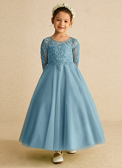 Azazie Precious Flower Girl Dresses Moody Blue A-Line Lace Tulle Dress image4