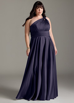 Azazie Charlize Robes de demoiselle d'honneur Robe Trapèze en Satin extensible Ue épaule Bleu Orageux image9