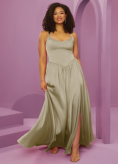 Barbie ♥ Azazie Robes de demoiselle d'honneur Robe Trapèze en Satin extensible avec poches Vert Mousse image10
