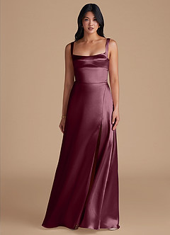 Azazie Hope Bridesmaid Dresses Cabernet A-Line with Pockets Metallic Satin Dress image2