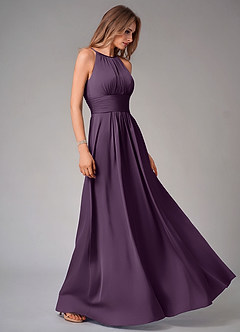 Azazie Bonnie Bridesmaid Dresses Plum A-Line Pleated Stretch Satin Dress image4