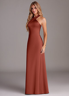 Azazie Doretta Robes de demoiselle d'honneur Robe Sirène en Satin extensible Plissée Terracotta image4