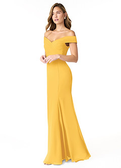Azazie Lecia Bridesmaid Dresses Marigold Empire Off-The-Shoulder Pleated Chiffon Convertible Dress image3