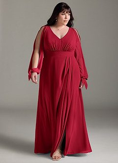 Azazie Matilda Bridesmaid Dresses Scarlet A-Line Long Sleeve Chiffon Dress image14