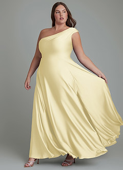 Azazie Melanie Bridesmaid Dresses Lemon Sorbet A-Line Off the Shoulder Stretch Satin Dress image10