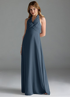 Azazie Tessie Junior A-Linie Plissee Chiffon Kleid Neptunblau image1