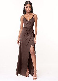 Azazie Maci Bridesmaid Dresses Ganache A-Line V-Neck Pleated Stretch Satin Dress image1