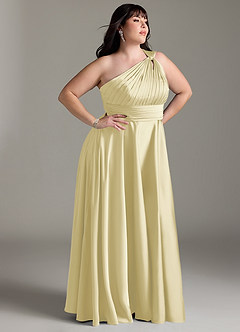 Azazie Charlize Bridesmaid Dresses Lemon Sorbet A-Line One Shoulder Stretch Satin Dress image12