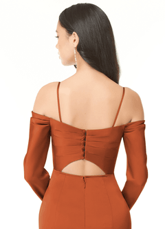 Azazie Hallie At-home Try On Dresses Peacock Sheath Off-The-Shoulder Long Sleeve Stretch Satin Convertible Dress image7