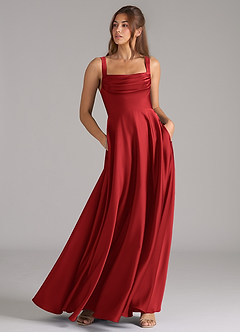 Azazie Shaude Bridesmaid Dresses Pomegranate A-Line Pleated Stretch Satin Dress image3