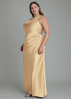 Azazie Emerson Bridesmaid Dresses Champagne Mermaid Off the Shoulder Metallic Satin Dress image3