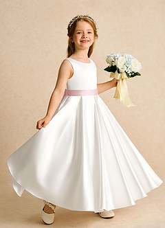 Azazie Cherry Flower Girl Dresses Ivory Powder Pink Ball-Gown Pleated Matte Satin Dress image3