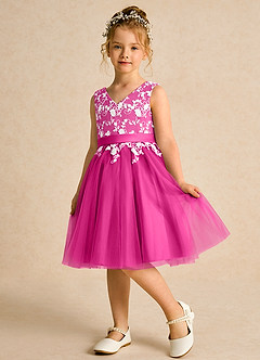 Azazie Butterfly Flower Girl Dresses Fuchsia A-Line Lace Dress image4